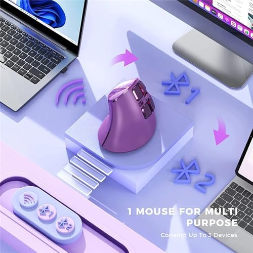 Vertical Mouse, Wireless Ergonomic Optical Mouse (BT 5.0 + Bluetooth 3.0 + USB Connection) with 9 Buttons, Rechargeable Computer Mouse for Wins PC/Laptop, Mac (Purple)