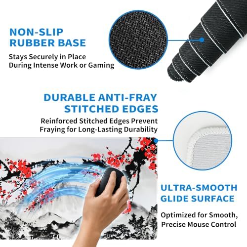 Extended Sakura Zen Desk Mat, XL Large Gaming Mouse Pad, Japanese Cherry Blossom Stitched Edges Waterproof with Non-Slip Rubber Base for Computer Keyboard Laptop Work Home Office 31.5"x11.8"