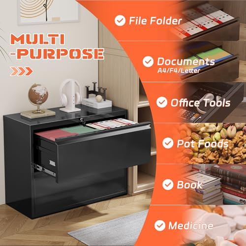 INTERGREAT Lateral File Cabinet 2 Drawer, Black Metal File Cabinets for Home Office, Locking File Cabinet for Letter/Legal/F4/A4 Size, Easy Assembly