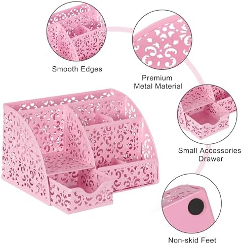 EasyPAG Desk Organizer and Pen Holder for Desk, Mesh Office Supplies Storage Caddy with Drawer for Small Space, Desktop Organizer for Home Office, Pink