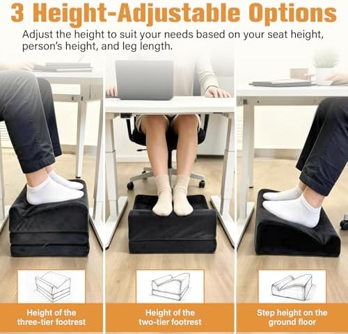 3-in-1 Height-Adjustable Foot Rest for Under Desk Filling with High-Density Foam for Office, Home, Travel, Removable Washable Cover for Back Pain Relief & Posture Support, Black