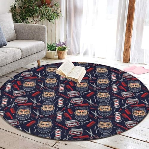 Soft Round Yoga Carpet, Large Home Decor Mat, Non Slip Machine Washable Kitchen Office Circle Rug American Barber Shop Tools, 24inch