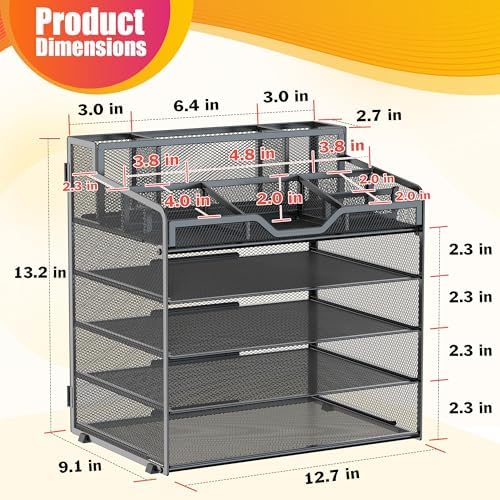 Docnest 5 Tier Mesh Desk Organizer with Letter Tray & Paper Sorter, Black