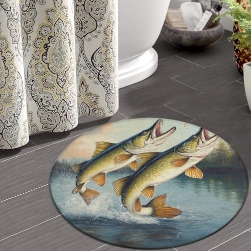 Large Round Area Rug Home Decor Modern Bathroom Rug Kitchen Office Circle Rug for Living Room Sofa Circle Cute Mat Two Bass Fish Jumping Out of Water Painting, 36inch