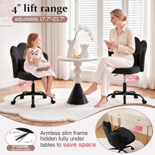 Vanity Chair with Wheels, Swivel Velvet Makeup Desk Chair, Black