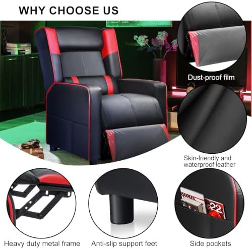 LUCKRACER Gaming Recliner Chair for Living Room Racing Style Single PU Leather Gaming Sofa for Adults Modern Game Recliners Ergonomic Comfortable Home Theater Seating, Red