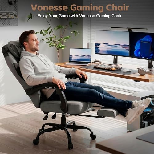 Vonesse Gaming Chair, Desk Chair with Linen Breathable Mesh Fabric, Office Chair with Adjustable Lumbar Support, Computer Chairs with Footrest and Headrest (Gray)