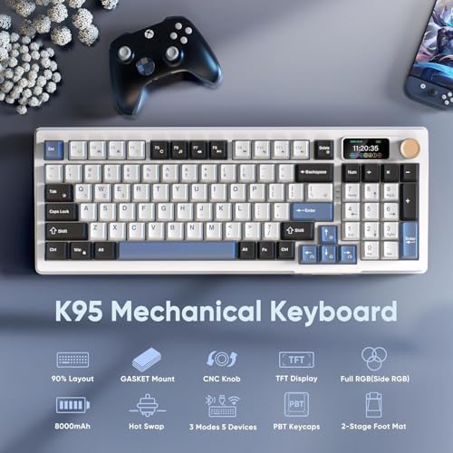 RedThunder K95 Wireless Mechanical Keyboard, TFT Screen & Knob, Tri-Mode BT5.0/2.4GHz/USB-C Hot Swappable Custom, Pre-lubed Linear Switches, Gasket Structure, RGB Gaming Keyboard, Snowy White-Blue