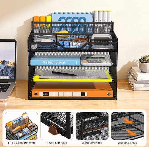 Docnest 4 Tier Mesh Desk Organizer with Letter Tray & Paper Sorter, Black