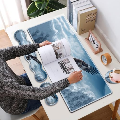 4 in 1 Mouse Pad Combo, Large Gaming Mouse Pad + Keyboard Wrist Support + Mouse Wrist Rest + Coaster, Table Pad 31.5 "x 11.8" with Memory Foam Ergonomic Wrist Pad Set, Eagles in The Sky