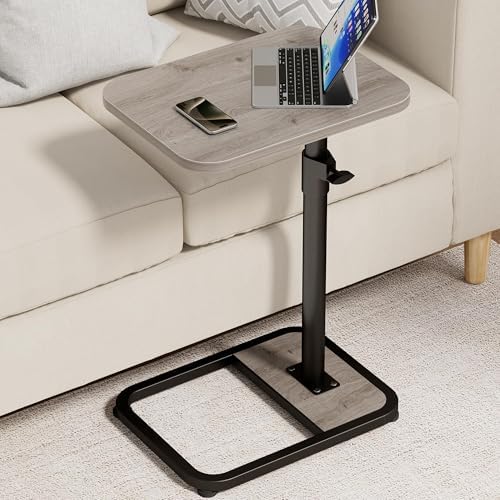 GOYLSER C Shaped End Table for Couch, Height Adjustable Living Room Rotating Couch Tray Tables Sofa Table Tv Trays for Bedroom, Swivel Wooden Side Table for Small Space, Grey