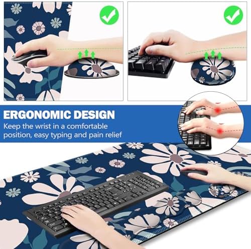 ARTSO Keyboard Mouse Pad Set, Blue Flower Large Gaming Mousepad +Keyboard Wrist Rest +Mouse Wrist Rest +Coaster, Ergonomic Mousepad Memory Foam Cushion for Home Office