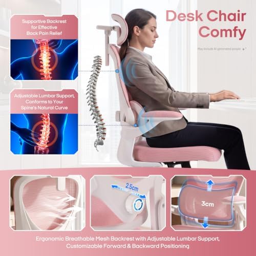 LuxErgo Ergonomic Office Chair, High Back Home Office Chair with 4D Adjustable Headrest & Lumbar Support, 330lbs Capacity Mesh Desk Chairs with Flip-Up Arms, Comfortable Computer Chairs, Pink
