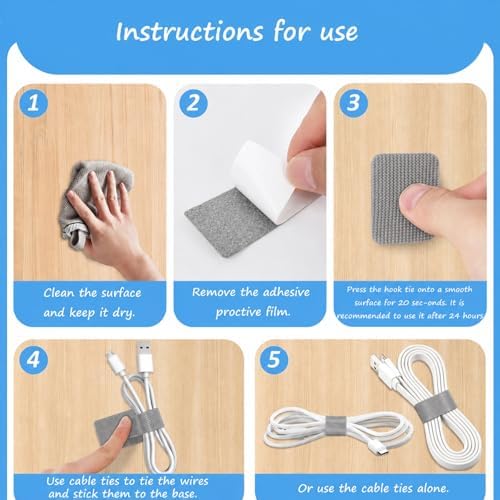 Under-Desk Cable Management Kit: 20 Adhesive & 100 Zip Ties (Grey)