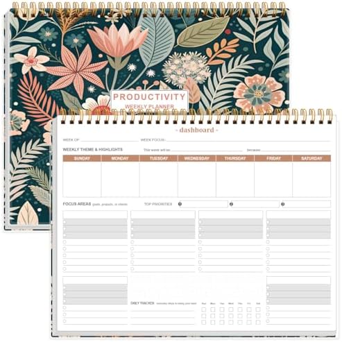 Weekly Productivity Planner - 8.5" x 11" Dashboard Desk Notepad Has 6 Focus Areas to List Tasks for Goals, Projects, Clients, Academic or Meal-Organize Your Daily Work Efficiently, 54 Weeks, Flower-C