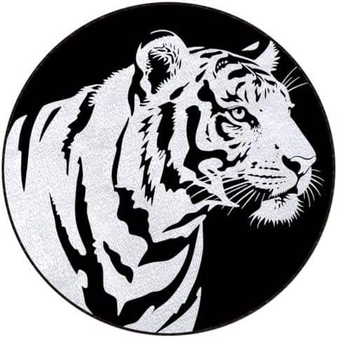 Black Lines Round Office & Gaming Chair Mat for Hardwood Floors, Tiger Profile Jungle Animal Anti-Slip Computer Desk Protector, Durable Floor Mat, Black White Diameter 35.4 in