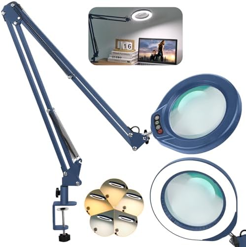 Veemagni 5 Inch Large Real Glass Magnifying Glass with Light and Stand, 5 Color Modes Stepless Dimmable, 2 * 16 Inch Swivel Arm LED Clamp Desk Lamp, Hands Free 15X Lighted Magnifier for Crafting-Blue