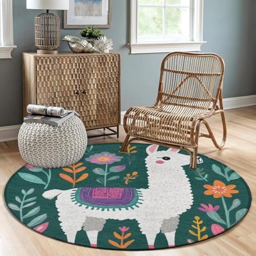 Fashion Round Area Rug Large Non Slip Carpet, Alpaca Botanical Boho Bohemia Llama Unisex Home Decor Mat