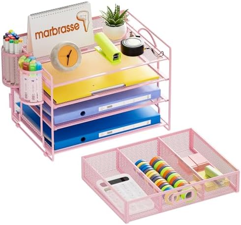 Marbrasse Desk Organizer, 4-Tier Paper File Letter Tray, Pink