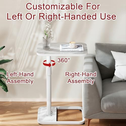 GOYLSER C Shaped Tv Trays Living Room End Table End Stand, White Marble Minimalist Wooden C Table for Sofa, Height Adjustable Tv Tray Tables Side Table for Dinner Eating