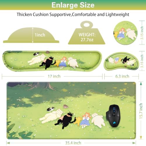 Canjoy Desk Mat with Wrist Rest, Anime Desk Pad for Keyboard and Mouse 4-in-1 Cute Cat Mouse Pad + Keyboard Wrist Rest+ Coaster(35.4×15.7 in) Extended Desk Pad Memory Foam Non-Slip Desk Mat