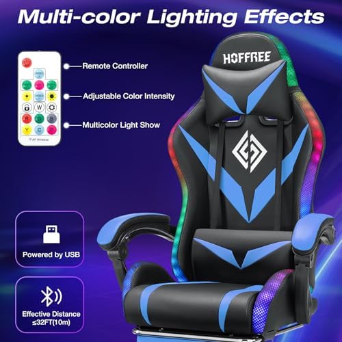HOFFREE Gaming Chair with LED RGB Lights Massage Video Gamer Chairs with Footrest Ergonomic High Back Reclining Computer Chair with Adjustable Lumbar Support Blue and Black