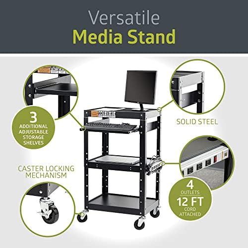 Pearington AV Presentation Cart Stand for Video Projector, TV, Laptop Computers, Printers, Metal Construction Rolling Storage Cart with Adjustable Shelves, 4 Wheels, 4 Outlets, 12ft Cord, Black