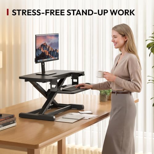 SANODESK 32" Electric Standing Desk Converter,Height Adjustable Riser for Office Home, Monitor and Laptop Workstation with Large Keyboard Tray, Black Color