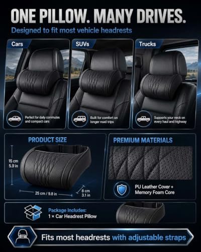 Universal Memory Foam Car Headrest Neck Pillow Adjustable Driving (White)