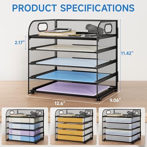 Paper Organizer Letter Tray with Handle Mesh 5 Trays-Black 2 Pack