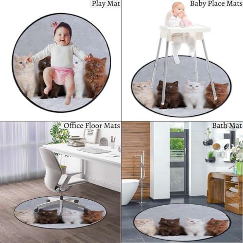 Four Kittens Blue Eyes Round Chair Mat, Portrait Cute Pet Anti-Slip Floor Protector for Gaming & Office Chairs, White Brown Diameter 59 in