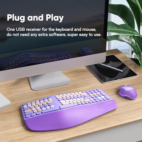 Wireless Ergonomic Keyboard and Mouse Combo with PU Wrist Rest, Carpal Tunnel Keyboard, 2.4G Colorful Split Ergo Keyboard, Comfortable Natural Typing, Compatible with PC/Laptop (Purple)