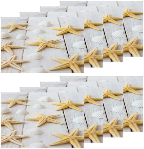 Shrahala White Beach Beige Set of 8 12 X 18 Inch Linen Placemats, Sea Shell Starfish Background Beach Shells Burlap Table Mat Washable Double Layered Heat Insulation for Indoor/Outdoor