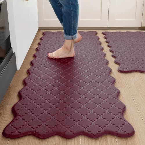 Arenarug Upgrade Scalloped Kitchen Mats for Floor 2PC, Red Kitchen Rugs