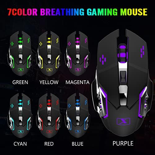 Wireless Gaming Keyboard and Mouse Combo,Rainbow LED Backlit Keyboard with Rechargeable 3800mAh Battery Metal Panel,Removable Wrist Rest Mechanical Feel and 7 Color Mute Gaming Mice for PC PS4 PS5