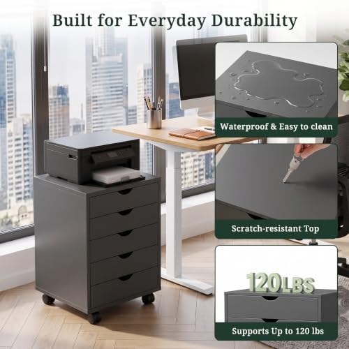 5 Drawer Mobile File Cabinet, Vertical Rolling Filing Cabinet