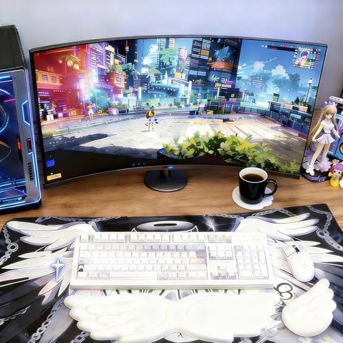 Angel Wing Wrist Rest Ergonomic Memory Foam Wrist Rest for Computer Keyboard Mouse Set with Cup Mat, Cute Gaming Keyboard Cushion Hand Support PU Leather Surface Anti-Slip Waterproof（White）