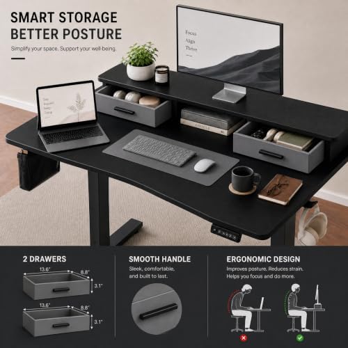 Grandder Electric Standing Desk with Two Drawers, Curved Sit to Stand Up Height Adjustable Desk with Storage Shelf for Home Office, 47 * 26 Inch, Study, Ergonomic Adjustable Computer Desk, Black