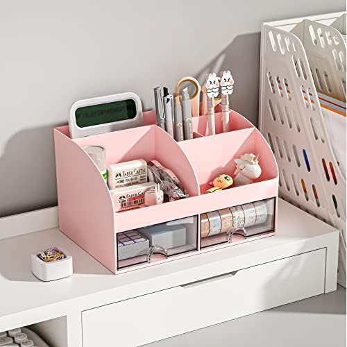 COMFYROOM Desk Organizer with 6 Compartments and 2 Drawers, Plastic Makeup Organizer, Pen Holder for Desktop Storage, Desk Organization for School, Home, Office Supplies Pink-2Pack
