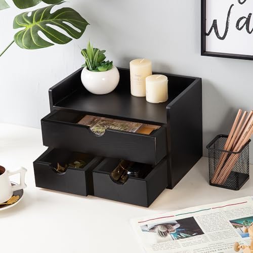 Rustic Distressed white 3-Tier Wood Desk Organizer with 3 Drawers Mini Storage Shelf For Desk, Toiletries Vanity Office Supplies (Black)