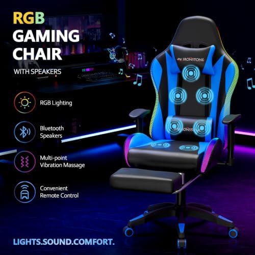 Mr IRONSTONE RGB Gaming Chair with Bluetooth Speakers, Multi-Point Vibration Massage Gaming Chair (Seat, Back & Lumbar), Ergonomic High Back Recliner, Footrest for Adults, Iridescent Blue