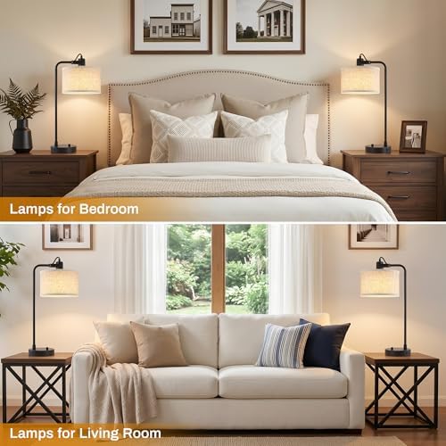 Black Table Lamp Set of 2, USB A+C, 180° Adjustable Bedside Lamps, Dimmable