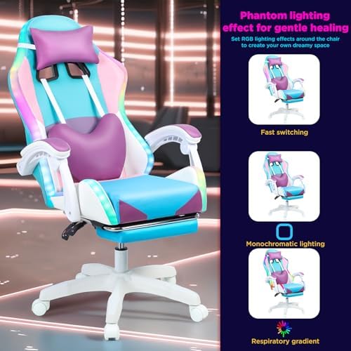 Gaming Chair with Lights, Ergonomic High-Back Office Chair with 360° Swivel & Adjustable Recline, Racing Style Faux Leather Computer Chair for Game Room, Home & Office