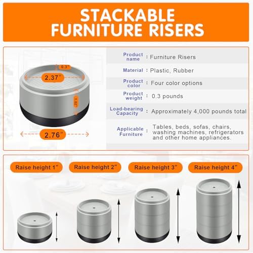 Furniture Risers Bed Risers Heavy Duty 1 inch, 2 inch, 3 inch, 4 inch Round Adjustable Bed Lifts Riser for Desk Legs Table Couch Sofa Chair Refrigerator Washing Machine (1 Inch, Gray, 6 Pack)