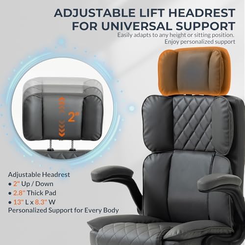 Office Chair with Adjustable Headrest - Executive Leather Desk Chair for Home Office, with Flip-Up Arms & Ergonomic Lumbar Support, Perfect for Work and Study, Gray