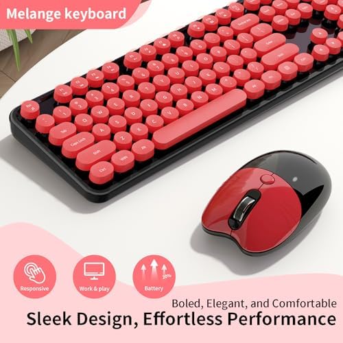 Wireless Keyboard Mouse Combo, 104 Keys Cute Colorful Typewriter Black Red