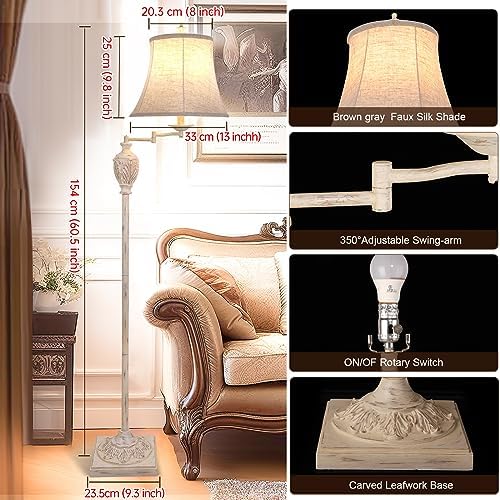 Traditional Floor Lamp with 350° Swing Arm, 3 Color Temperatures,White Wash