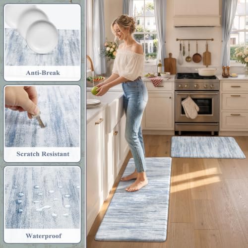 KIMODE Anti Fatigue Kitchen Mat, Boho Abstract Kitchen Rugs Sets of 2 Blue