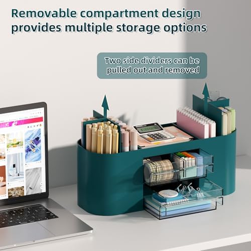 Marbrasse Pen Holder for Desk with 3 Drawers, Multi-Functional Pencil Holder, Desk Organizers and Accessories with 7 Compartments for Home, School, Classroom (Dark Green)