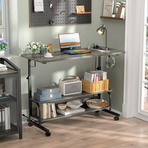 39" Height Adjustable Standing Desk with Power Outlets - Manual Rolling Stand Up Desk with Wheels Small Portable Computer Desk Mobile Laptop Table with Storage Shelves for Home Office, Grey Oak